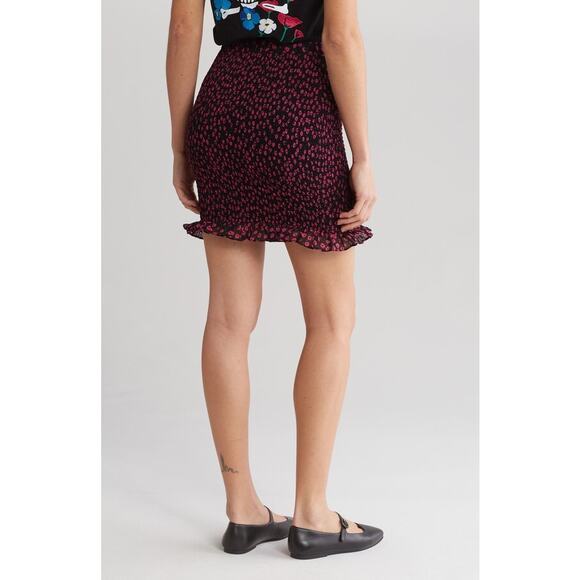 The Kooples Ditsy Flower Black Pink Floral Smocked Mini Skirt Size 1‎ Ruffle Hem - Picture 12 of 16